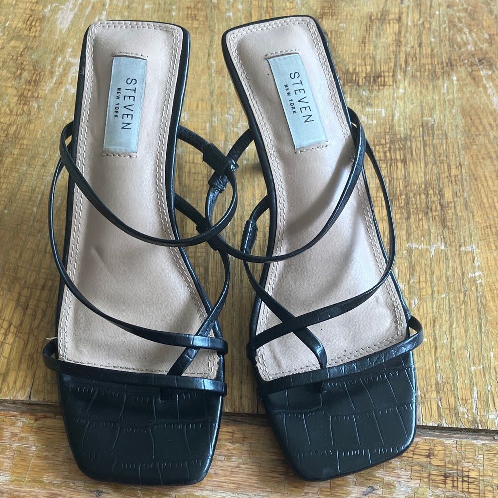 Steven Black Strappy Croc-Embossed Heels